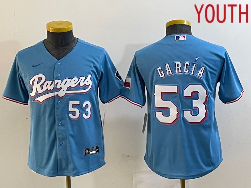 Youth Texas Rangers #53 Garcia Light Blue Game Nike 2023 MLB Jersey style 2